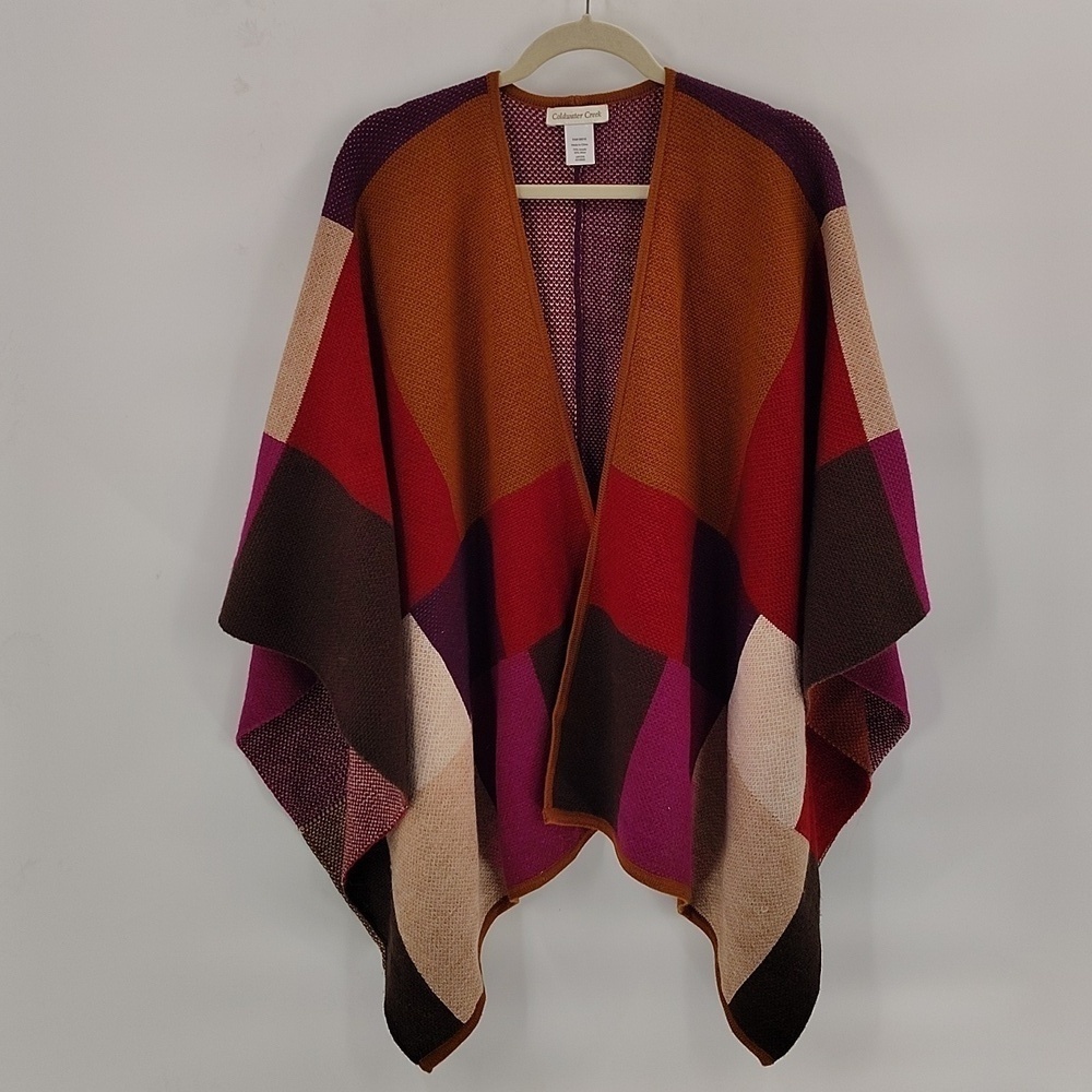 Coldwater Creek Ruana Wool Blend Colorblock Sweater Knit Blanket Poncho Wrap OS